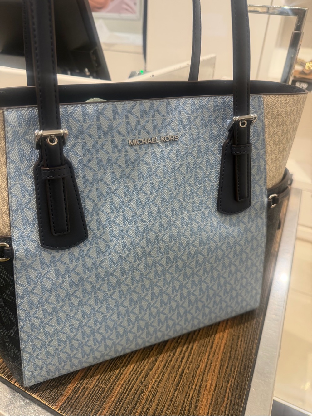 Michael Kors Logo Tote in Light Blue with Navy Trim